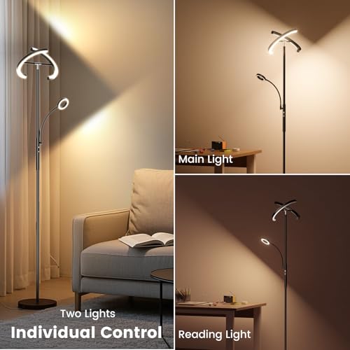Black LED Floor Lamp with Reading Light - Dimmable Tall Standing Lamp with Remote & Touch Control for Living Room & Bedroom