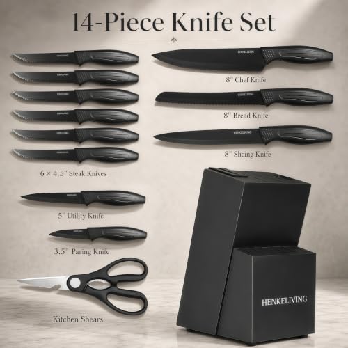 HENKELIVING DarkBlack 14-Piece Kitchen Knife Set with Built-in Sharpener & Block
