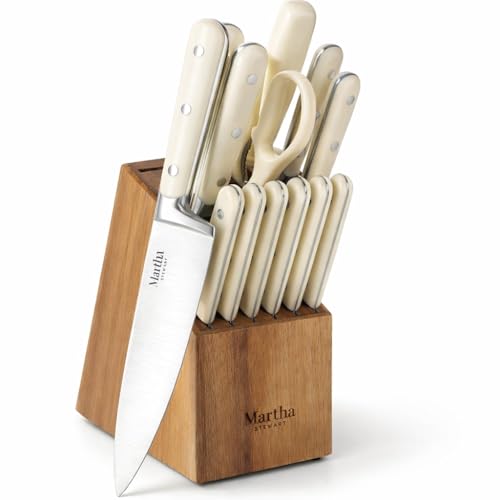 High Carbon Stainless Steel Knife Set with Acacia Wood Block - Linen White, 14 Pieces - Knife Block Set