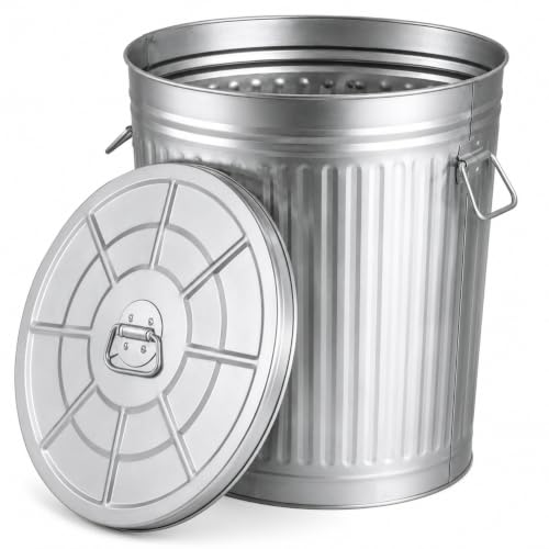 15 Gallon Galvanized Steel Trash Can with Lid Handles for Indoor & Outdoor Use - Weather-Resistant Storage Bucket