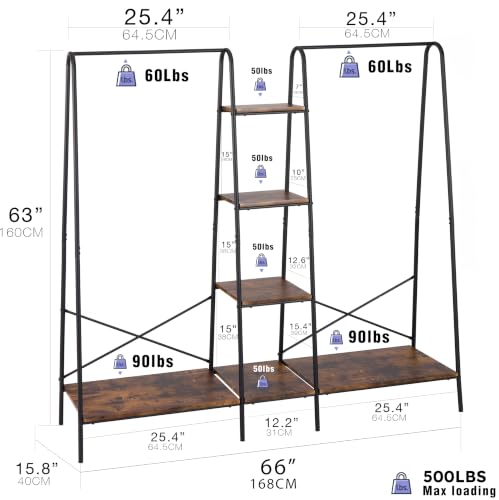 Black Clothes Rack with 6 Wooden Shelves & 2 Hanging Rods - Heavy Duty Freestanding Wardrobe