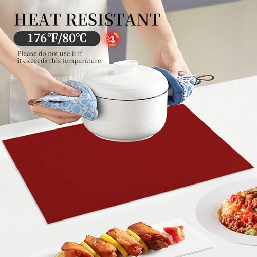 AuraNestle Burgundy Linen-Look Placemat Set of 6, 19x13 Inch, Double Layer Heat-Resistant