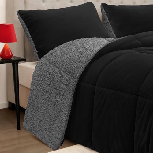 Fluffy Sherpa Comforter Set Queen - Thick Reversible Bedding with Cloud Softness - Black