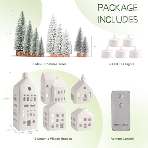Lighted Ceramic Christmas Village Set with Houses, Trees & Remote Control