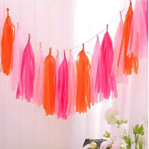 Hot Pink Orange and Pink Tassel 30Pcs Tissue Paper Tassels Garland DIY Hanging Paper for Birthday,Baby Shower,Party Decoration
