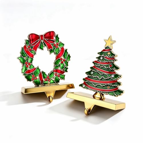 WENFOME 2-Pack Christmas Stocking Holders for Mantle & Fireplace - Sturdy Alloy Xmas Hooks, Non-Skid, Decorative Holiday Gift