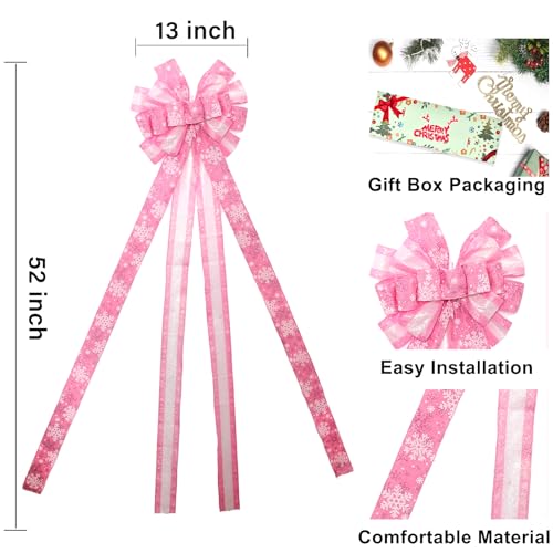 Pink Christmas Tree Topper Bow 52x13 Inches with Snowflake Pattern for Xmas Holiday Decor