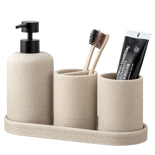 Haocoott Beige 4-Piece Sandstone Look Bathroom Accessory Set - Modern Organizer