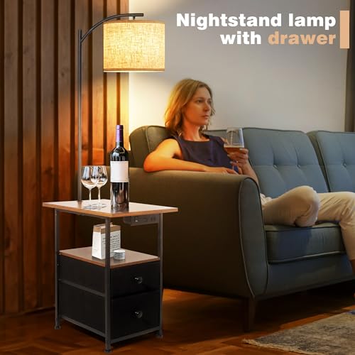 PESRAE Rustic Brown Floor Lamp with Table & 2 Drawers, USB Charging Station