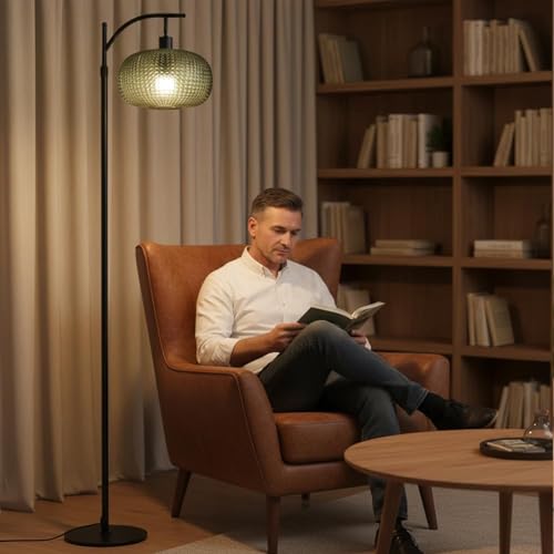 Dark Green Floor Lamp with Remote Control & Dimmable Green Lampshade - Vintage Mid-Century Modern Tall Standing Light for Living Room & Bedroom - Black+Dark Green
