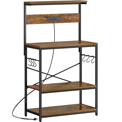 Bakers Rack with Power Outlets and Adjustable Shelves - Rustic Brown 31.5 Inch