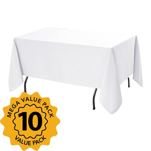 White Rectangle Tablecloths 60x120 Inches - 10 Pack, Wrinkle & Stain-Resistant Polyester