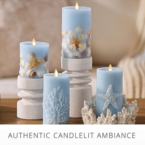 Luminara 6.5 Inch Unscented Flameless Candle with Moving Flame - Coastal Seashell & Starfish Chambray