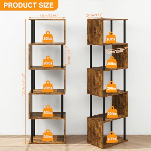 6-Tier S-Shaped Geometric Bookcase - Rustic Brown Tall Bookshelf with Storage