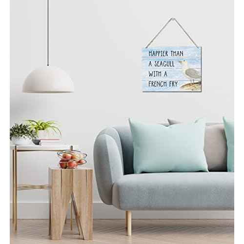 Happier Than a Seagull with a French Fry Decor Sign, Hanging Printed Wall Plaque Wood Signs, Home D?cor Gift, Rustic Farmhouse Decorations for The Home 10X7.8inch