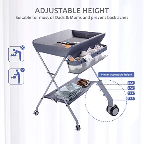 EGREE Portable Folding Baby Changing Table with Wheels & Adjustable Height - Grey