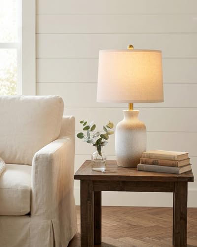 PoKat 24-Inch Farmhouse Ceramic Table Lamp with White & Antique Finish