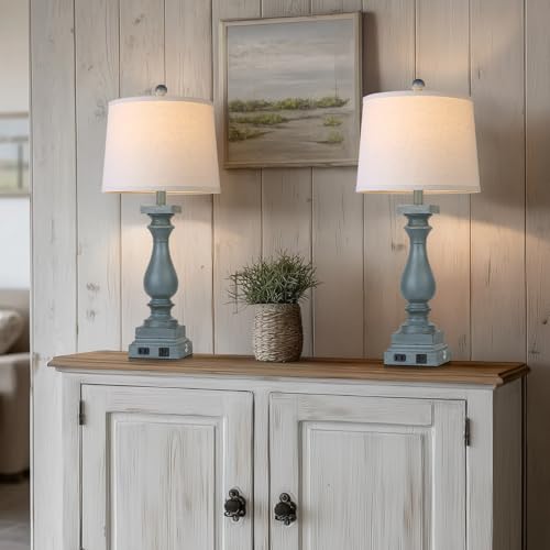 Farmhouse Table Lamps Set of 2 with USB-C & AC Outlets - Blue Vintage Nightstand Lamps - 3 Way Touch Control for Bedroom Living Room Office - Blue-2pack