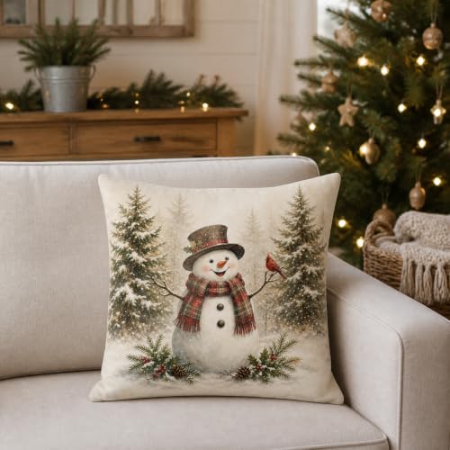 Brown Snowman Holiday Pillow Cover 18x18 for Xmas Winter Decor