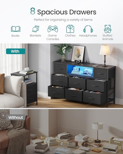 INK Black Dresser with Outlets & LED Lights - 8 Fabric Drawers, 44.8 W x 26.8 H