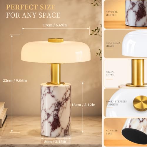 Calacatta Viola Marble Cordless Table Lamp with Glass Shade & Touch Dimming