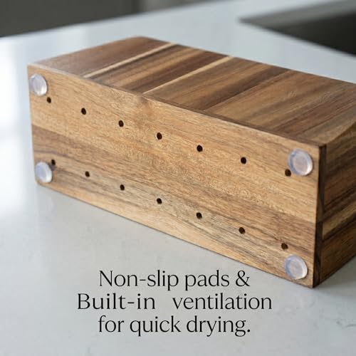 Extra Large 4-Compartment Acacia Wood Kitchen Utensil Holder - Rustic Farmhouse Countertop Storage Caddy