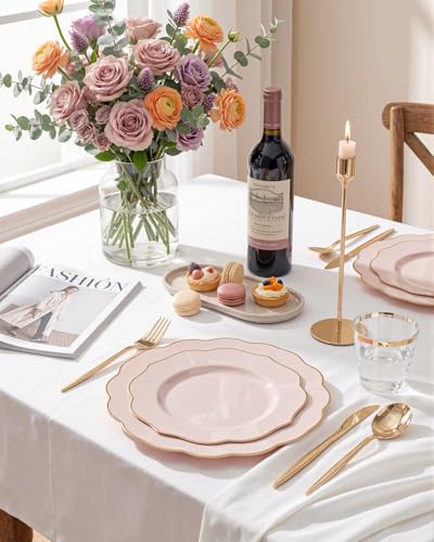 Pink and Gold Disposable Plastic Plates Set - 180 Pieces, Dinner & Dessert Includes Cutlery & Cups - Pink Gold