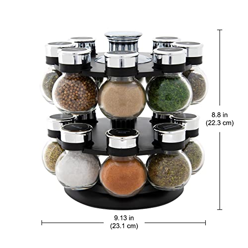 16-Jar Revolving Spice Rack with Clear Labeled Caps & Removable Sifters