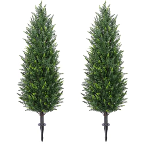 Dark Green 4FT Artificial Cedar Topiary Trees (2 Pack) with Ground Spikes for Garden & Home Decor