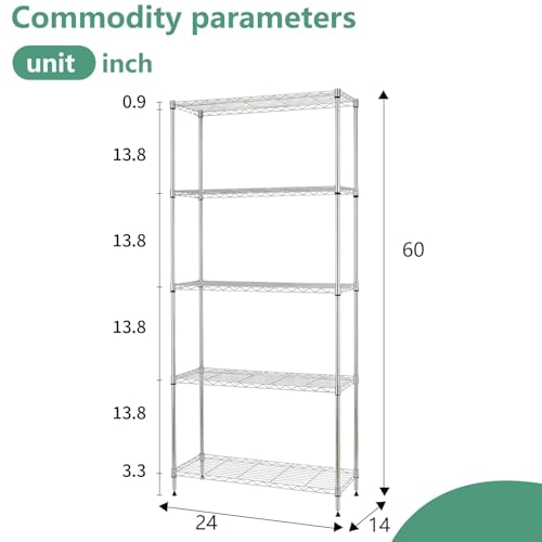5-Tier Wire Shelf Chrome 24x14x60 Inch Heavy Duty Storage Rack