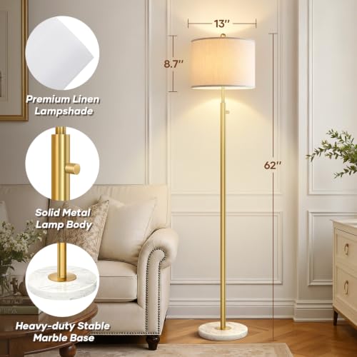 Dimmable Gold Floor Lamp with Turkish Marble Base & White Linen Shade - Variation: Gold-Marble-Line Shade