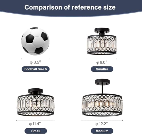 Pevfah Black Crystal Ceiling Light - 9 Inch Semi Flush Fixture for Small Spaces