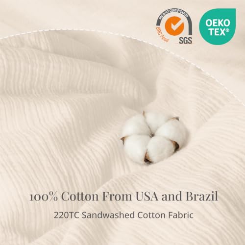 Cream Queen Size Duvet Cover - 100% Sandwashed Cotton, Oeko-Tex Certified, Button & Zipper Closure, Linen-Like Texture, RENEWROOTS