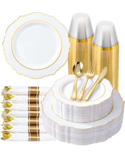 realluck Gold Rim Dinnerware Set for 50 Guests - 350 Pcs Disposable Plates & Cutlery