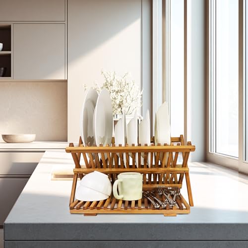 Utoplike 3-Tier Collapsible Teak Dish Drying Rack Large Capacity - Standard