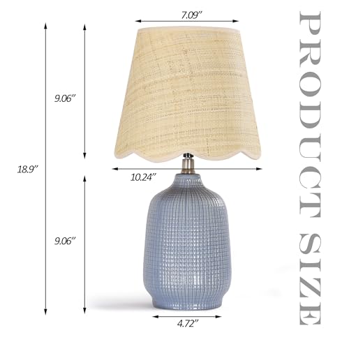Navy Blue Ceramic Table Lamp with Rattan Shade - Modern 19" Desk Light for Living Room & Bedroom