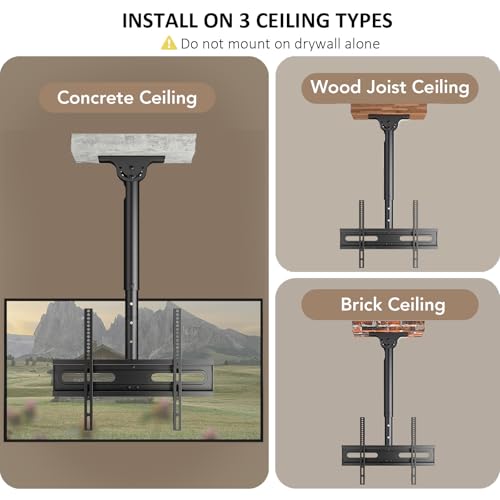 26-65 Inch Ceiling TV Mount Adjustable Bracket for Flat-Panel LCD LED OLED 4K TVs - Max VESA 400x400mm, Holds 88 lbs, Without Power Outlet