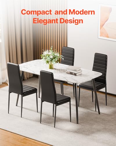 Set of 4 Upholstered Leather Dining Chairs - Modern Accent Chairs with Metal Legs, Black