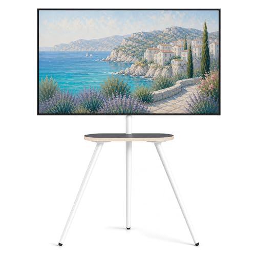 ECOTINY White Metal Tripod TV Stand for 43-65 Inch Flat Screen TVs with Swivel & Wooden Shelf