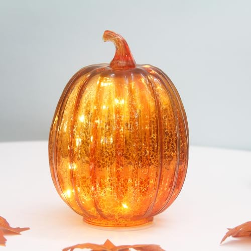 HVTDECOR 8-inch Gold Mercury Glass Pumpkin Lights with Timer - Battery Operated Halloween & Fall Decor