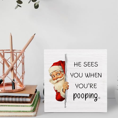 HYKDFMNCJ 028 Funny Christmas Santa Bathroom Box Sign 5x5 in – Desk Decor