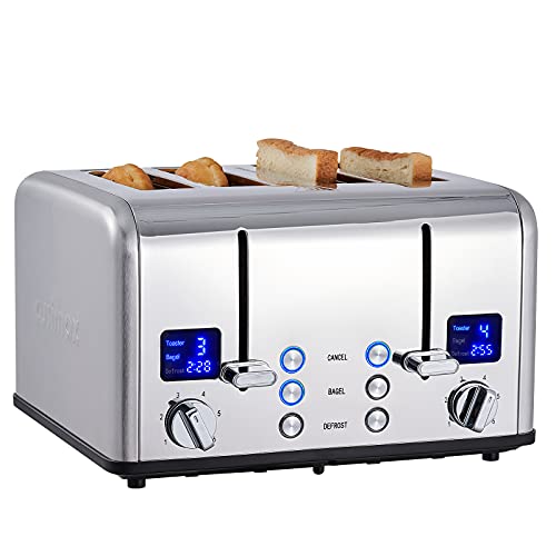 Silver Stainless Steel 4-Slice Toaster with Digital Display, Dual Control