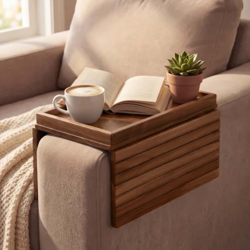 Foldable Bamboo Couch Arm Tray - Dark Brown, Extra Large Storage Shelf