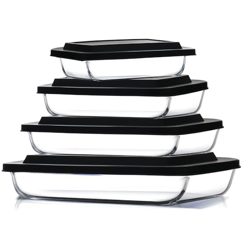 EATEX 8-Piece Black Glass Casserole Bakeware Set with Lids - Oven & Freezer Safe, 4 Pack