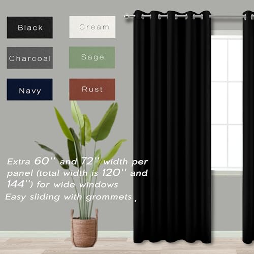 Blackout Curtains 72 Inch Extra Wide Pack of 2 - Dark Light Blocking Window Shades for Bedroom and Living Room, Black