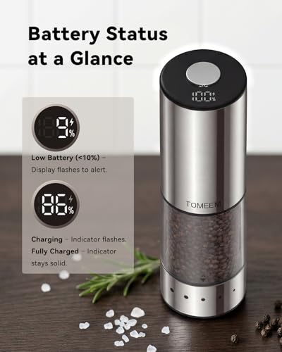 Rechargeable Salt and Pepper Grinder Set - Stainless Steel Silver, Adjustable Coarse to Fine, LED Display