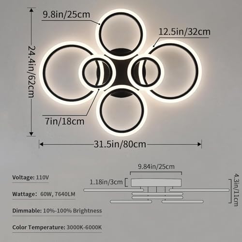 Shine LUEST 6 Rings Black Modern LED Ceiling Light Fixture, Flush