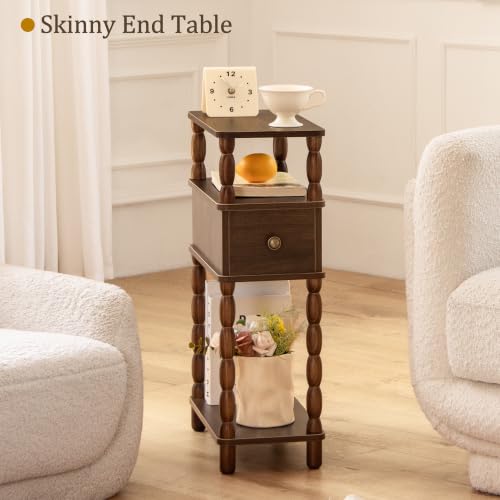 MaxSmeo Walnut Brown Narrow Side Table with Drawer - Small Nightstand for Living Room & Bedroom