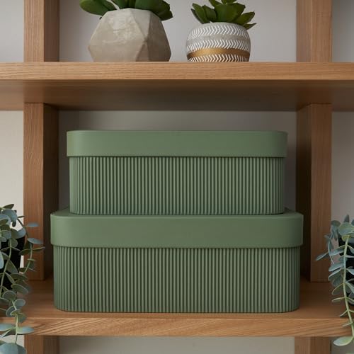 Sage Decorative Storage Boxes with Lids - Set of 2 Fluted Photo Organizer Bins