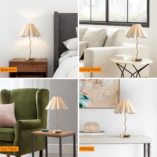 EOEYYOYB Gold Pleated Table Lamp for Bedroom & Home Office, Linen Shade, Modern Nightstand Light
